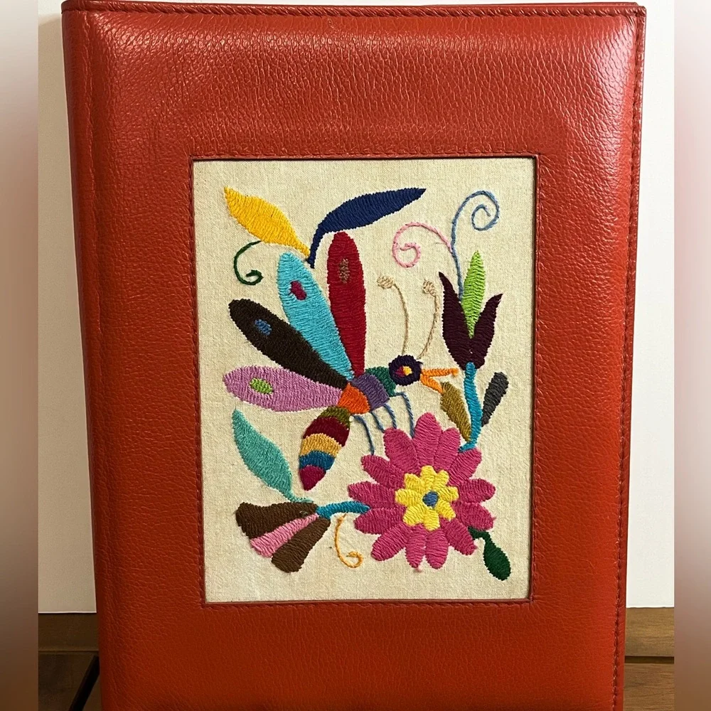 Leather Dragonfly Floral Embroidered Folder OOAK Mexico Vintage KOOK Artesanos